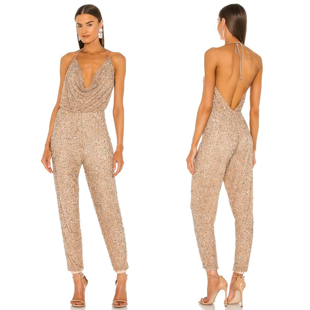 retrofete x REVOLVE Skylar Jumpsuit in Gold & Cream Sequin Nude Tan Medium M